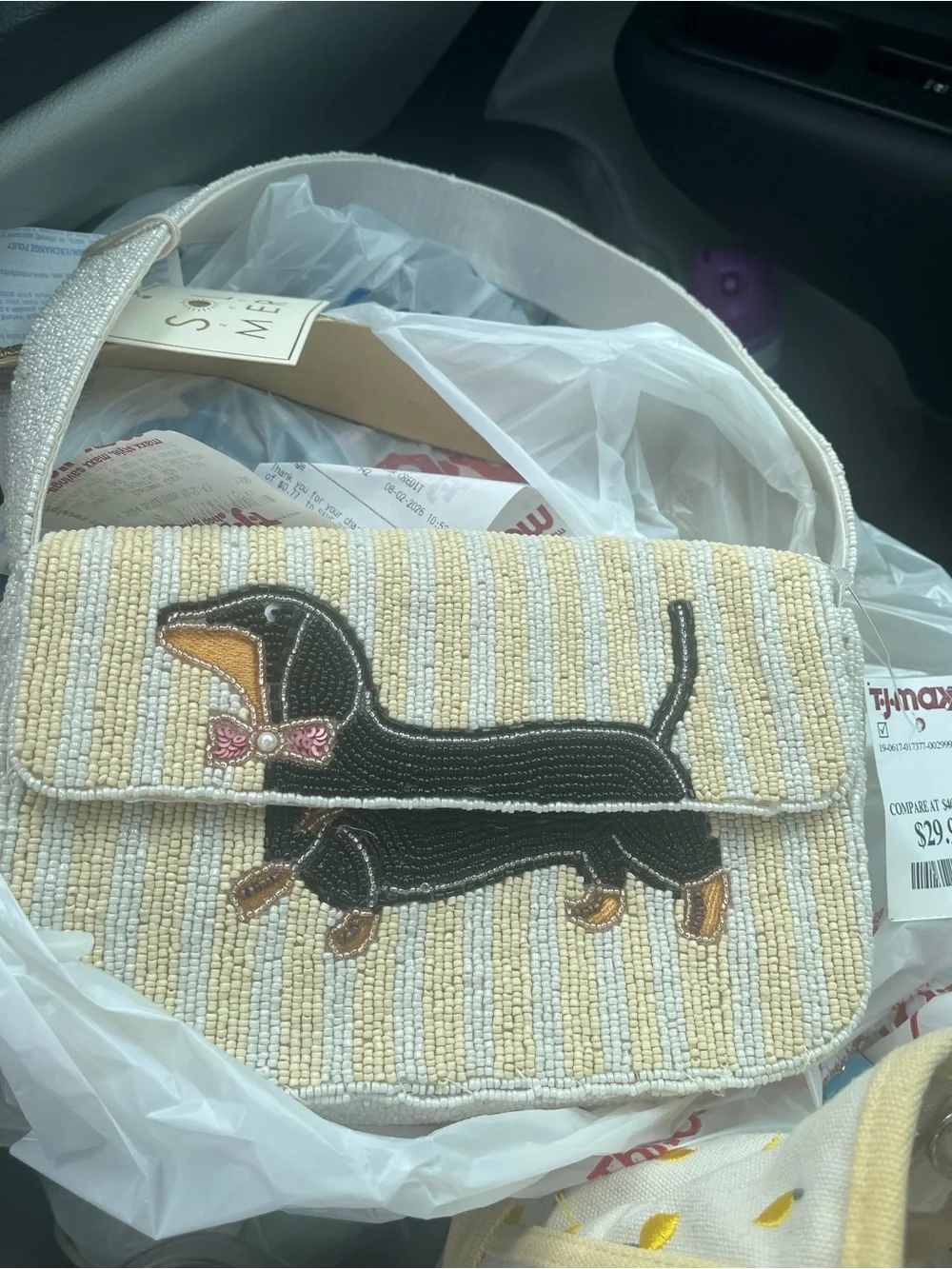 Beaded Black Dachshund Crossbody Bag with Bow Accent